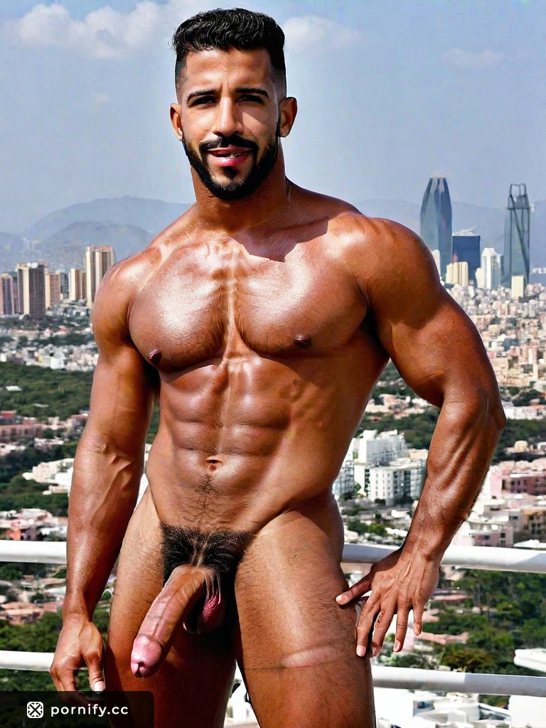 Dilf with big dick working out in the city, smiling and looking hot in purple lipstick - Chinese male with fit body, Brazilian wax, 50mm lens - Diamond face shape with bushy eyebrows and blue eyes