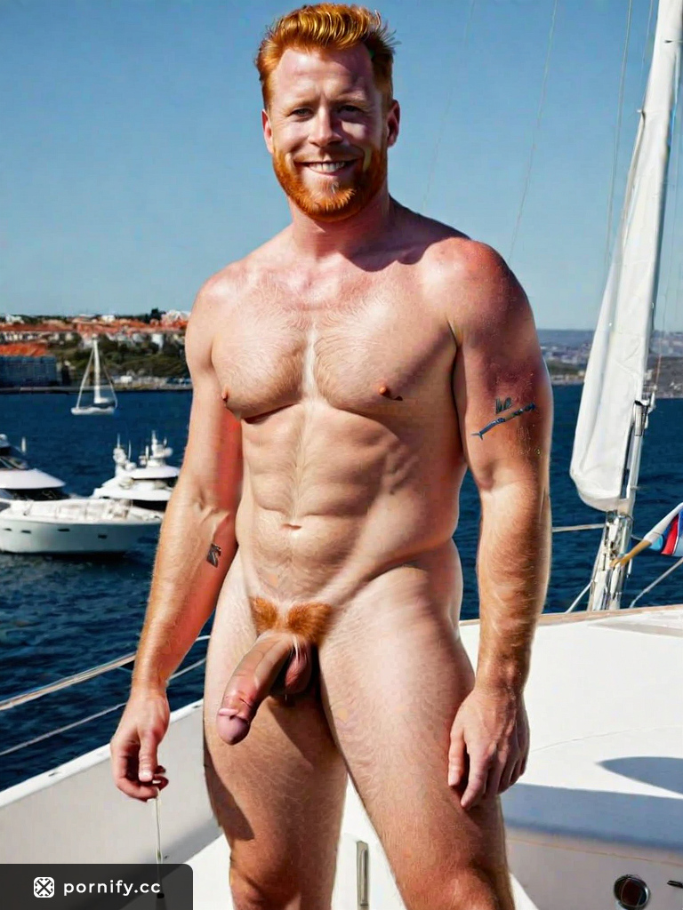Redhead Norwegian 20s super-fat chubby yacht boy with small penis, playful expression and inverted triangle face shape