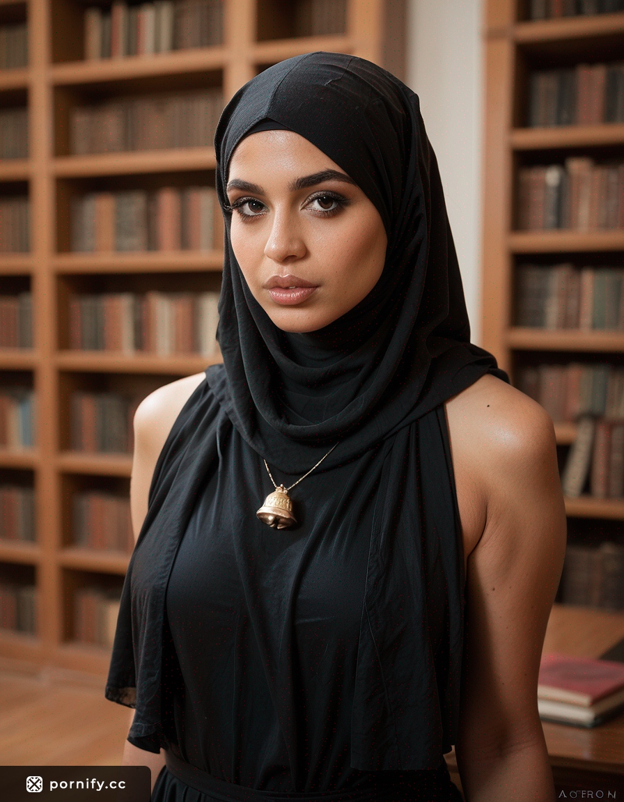 Hyperrealistic AI Model of a Middle Eastern Woman in Her 60s with Black Hair, Stocky Body Type, Bell-Shaped Breasts, Curls Haircut, and Hijab in a Library Background